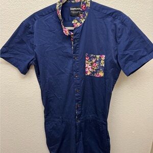 RomperJack Navy Blue Button Down Romper with Floral Accents